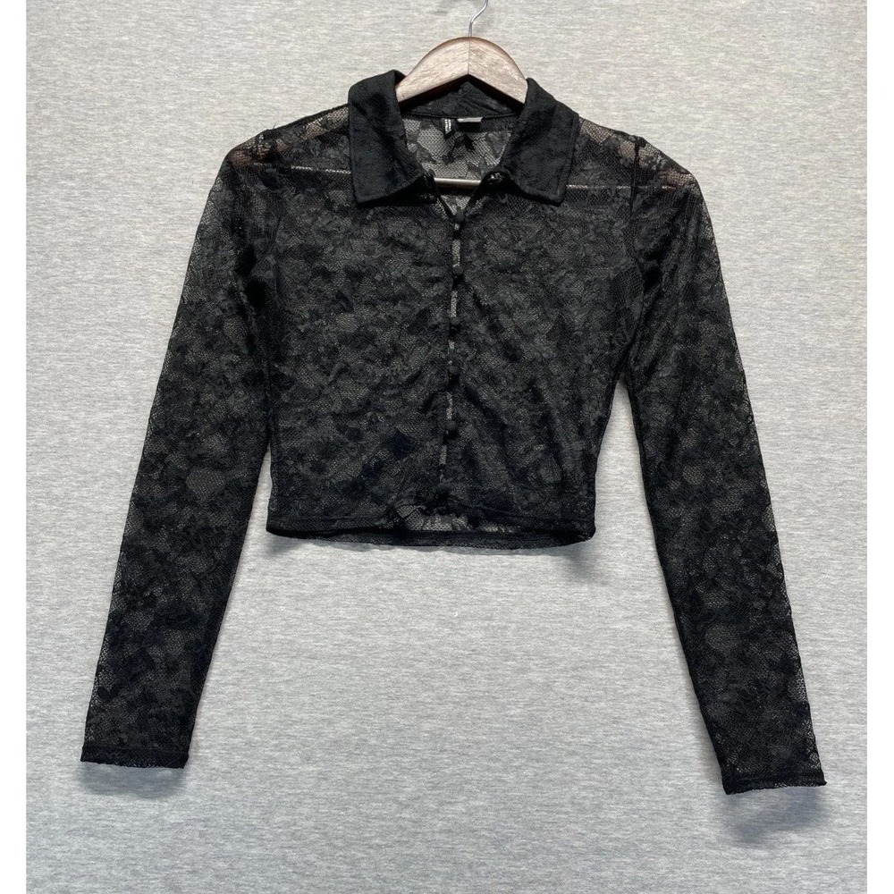 H&M Divided Crop Floral Lace Shirt Women XS Black Slim Fit Collared Button Front